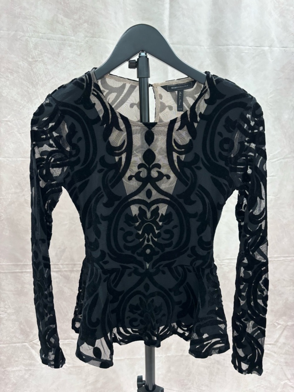 BCBGMaxAzria Black Sheer Burnout Peplum Blouse - Picture 2 of 2
